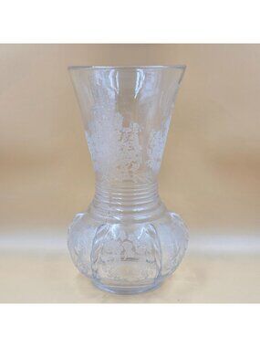 New Martinsville Flower Basket Clear Etch 26 Glass Flower Vase Vintage